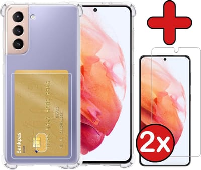 Hoesje - Geschikt voor Samsung Galaxy S21 - Met 2x Screenprotector - Pashouder - Kaarthouder - Back Cover - Telefoon Hoes Shockproof - Siliconen Case - Shock Proof - Pasjes Houder - Telefoonhoes - Transparant