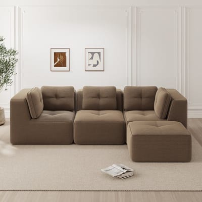 DESMIU Hoekbank 297 x 177 cm - Modulaire 3-Zits Met Ottomane En Zonder Montage - Voor Woonkamer - Ribstof - Bruin