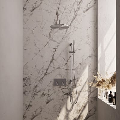 Brauer Brushed Edition thermostatische inbouw regendouche met drukknoppen SET 64 met 30 cm douchekop en gebogen muurarm en staaf handdouche en doucheslang en geïntegreerde glijstang RVS geborsteld PVD