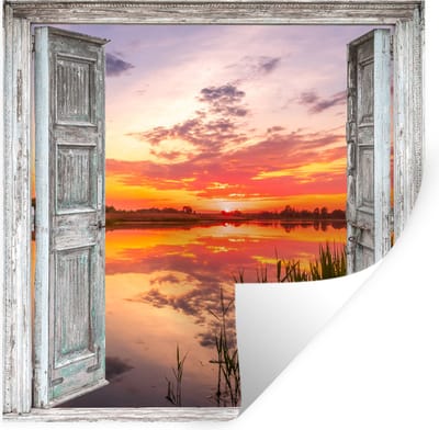 Muurstickers - Sticker Folie - Landschap - Zonsondergang - Water - Doorkijk - 100x100 cm - Plakfolie - Muurstickers Kinderkamer - Zelfklevend Behang XXL - Zelfklevend behangpapier - Stickerfolie