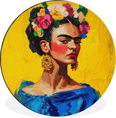 WallCircle - Wandcirkel - Muurcirkel - Frida Kahlo - Vrouw - Geel - Blauw - Bloemen - Aluminium - Dibond - 140x140 cm - Binnen en Buiten