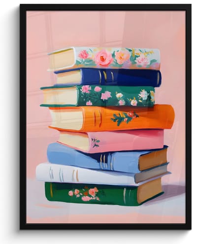 Poster in lijst - Fotolijst 50x70 cm - Posters - Boeken - Stapel - Kleurrijk - Posterlijst zwart - Decoratie - Wanddecoratie woonkamer - Muurdecoratie slaapkamer