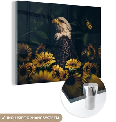 MuchoWow® Glasschilderij 120x90 cm - Schilderij acrylglas - Adelaar - Geel - Bloemen - Botanisch - Foto op glas - Schilderijen