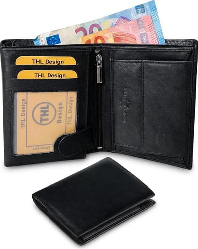 THL Design - Portemonnee Heren – Portefeuille Heren / Dames - Billfold Hoog – Staand Model - Echt Leer Zwart