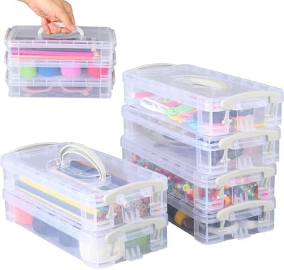 Set van 6 Stapelbare Doorzichtige Pennenopbergers met Druksluiting en Handvat, 22 x 10 x 4 cm - Ideaal voor Pennen, Kleine Onderdelen en Waterverfkwasten