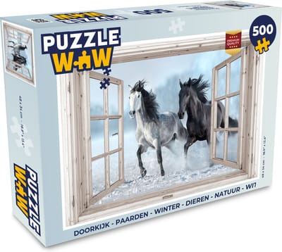 Puzzel Doorkijk - Paarden - Winter - Dieren - Natuur - Wit - Legpuzzel - Puzzel 500 stukjes