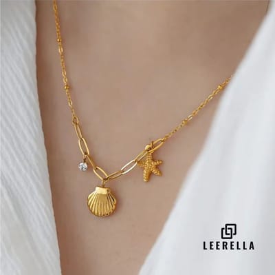Leerella Luxe Damesketting Zeester & Schelp - Roestvrij Staal, Goudkleurig Moederdag, Valentijnsdag en Verjaardag Cadeau 41+5cm
