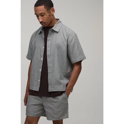 Micro Check Boxy Oversized Embroidered Shirt & Short Set | Brown | Size XS
