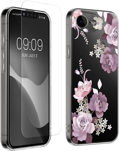 kwmobile telefoonhoesje geschikt voor Apple iPhone 17e / iPhone 16e hoes - Telefoonhoesje voor smartphone - Telefoon cover - Met glazen schermbeschermer - Bloesems en rozen design