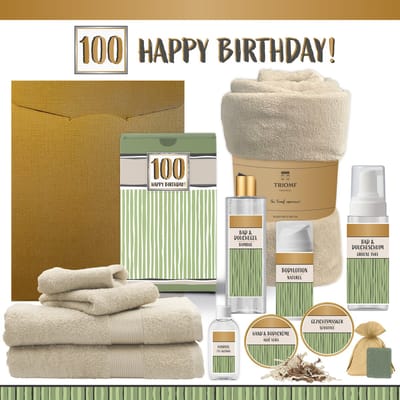 Geschenkset “100 Happy Birthday!” - 12 producten - 1910 gram | Giftset voor haar hem Honderd jaar Cadeau Luxe Wellness Pakket Vrouw Man Speciaal Cadeaupakket Doos Handdoeken Fleecedeken Geschenk Cadeaudoos Verjaardag Gift Set Douche Groen Beige Goud