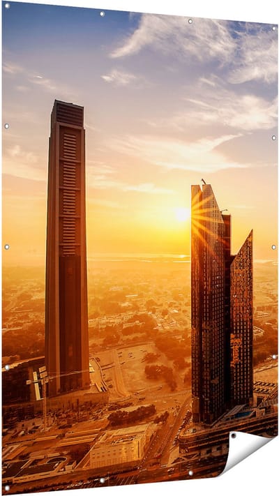 Gards Tuinposter Dubai Stad bij Zonsopgang - 120x180 cm - Tuindoek - Tuindecoratie - Wanddecoratie buiten - Tuinschilderij