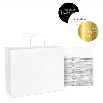 50 x papieren cadeautasjes 26x17x25 cm wit + stickers "Gezellige feestdagen" Kersttassen met handvat Kersttasje Kerst verpakking draagtassen