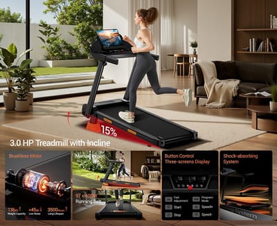ROBORE SF20 opvouwbare loopband voor thuisgebruik met 15% hellingshoek, snelheid van 12 km/u, maximaal draagvermogen van 136 kg, stille borstelloze 3,0 pk motor, loopvlak van 97 x 40 cm, drievoudige schokdemping en 7-laags demping.