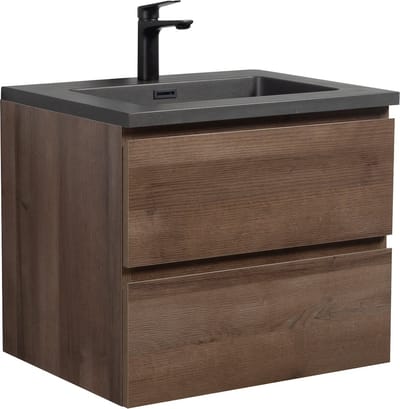 Badplaats Badkamermeubel Set Angela 60 cm – Bruin Eiken – Badmeubel met Zwarte Wastafel
