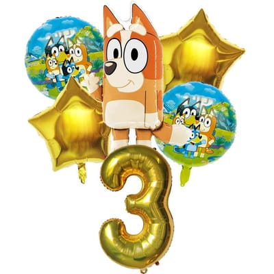 6 pièces Famille Bluey Ballon en Aluminium Dessin Animé Bingo Jouet d'Activité Ballon Étoile Bleu Doré Décor Collection Anniversaire Articles de Baby Shower As Picture