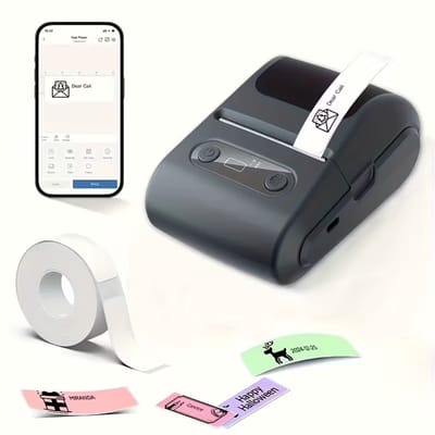 KZQ Draagbare thermische labelprinter (blauw), met ingebouwde papierrol, geschikt voor thuiskantoren en kleine bedrijven. Apparaat met ingebouwde rol.