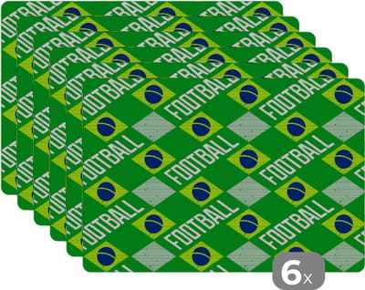 Placemat - Placemats kunststof - Brazilië - Voetbal - Patronen - 45x30 cm - 6 stuks - Hittebestendig - Anti-Slip - Onderlegger - Afneembaar