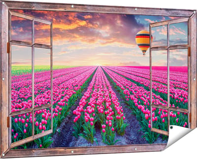 Gards Tuinposter Doorkijk Bloemenveld met Roze Tulpen - Luchtballon - 150x100 cm - Tuindoek - Tuindecoratie - Wanddecoratie buiten - Tuinschilderij