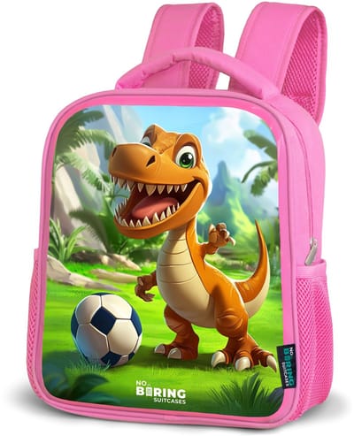 NoBoringSuitcases.com® - Rugzak roze - Schooltas meisjes - Dino met een voetbal in groen landschap - Kinder rugtas meisje - Boekentas kind - Kinderrugzak voor school - Schoolrugzak