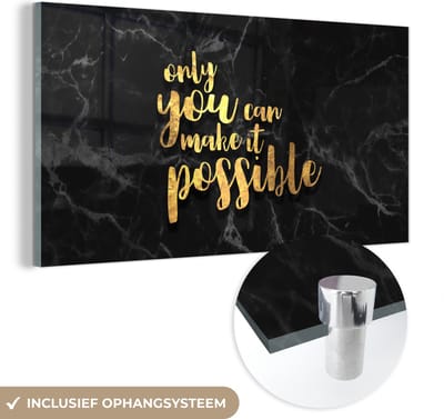 MuchoWow® Glasschilderij 40x20 cm - Schilderij acrylglas - Quote - Zelfvertrouwen - Goud - Marmer - Foto op glas - Schilderijen