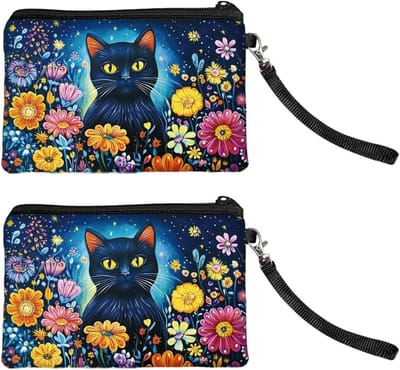 SnelShoppen - Set van 2 Grote Muntzakken voor Vrouwen, Libelle en Wisteria, Duurzaam Handtasje, Rits Make-up Tas, Kat en Bloemen