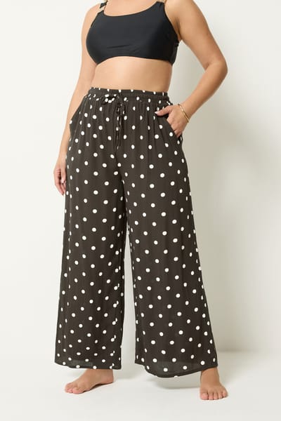 Yours Bruine Broek Van Kreukelstof Met Stippenprint En Wijde Pijpen Size 38-40