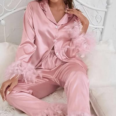 IJszijden pyjama voor vrouwen, lange mouwen, veren, thuispak, overhemd, broek, satijnen 2-delige set, dames, knoopsluiting, nachtkleding, loungewear M roze