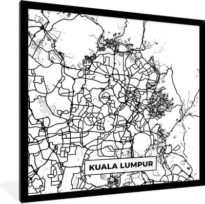 Fotolijst incl. Poster Zwart Wit- Kaart - Kuala Lumpur - Stadskaart - Plattegrond - Zwart Wit - 40x40 cm - Posterlijst