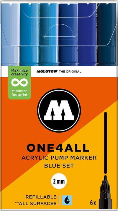 Molotow ONE4ALL Acrylstiften Set van 6 Blauwe tinten - Acryl markers - 2mm breed - hervulbaar - alle ondergronden