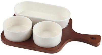 Sora serveerset met houten tray – 4-delig – keramische schaaltjes voor snacks