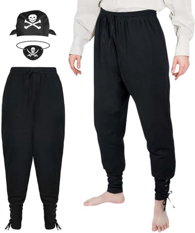 Piratenbroek voor Mannen - Middeleeuwse Viking Kostuum met Blinde Band en Bandana, Katoenen Broek met Touw en Elastische Taille, Perfect voor Feesten en Theatrale Optredens