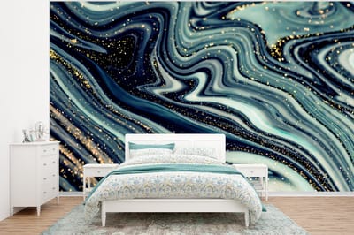 Behang - Fotobehang Marmer - Goud - Blauw - Glitter - Marmerlook - Abstract - Breedte 320 cm x hoogte 240 cm