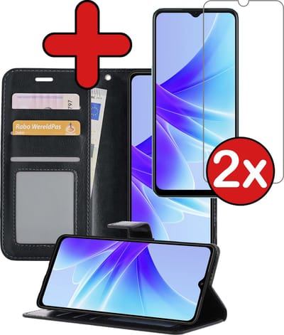 Hoesje - Met 2x Screenprotector - Geschikt voor OPPO A17 - Luxe Pasjeshouder - Flip Case - Bookcase Portemonee - Kunstleer Book Case - Flipcase Hoes - Book Cover - Walletcase - Portemonneehoes - Telefoonhoes - Zwart