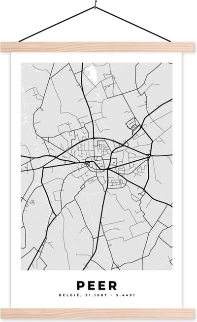 Posterhanger incl. Poster 40x60 cm - Schoolplaat - België – Peer – Stadskaart – Kaart – Zwart Wit – Plattegrond - Textielposter - Blanke latten - Stadskaart