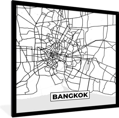 Fotolijst incl. Poster Zwart Wit- Bangkok - Stadskaart - Plattegrond - Zwart Wit - Kaart - 40x40 cm - Posterlijst