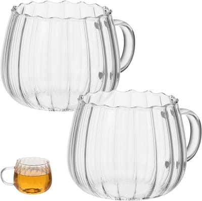 Glazen pompoenbekers voor kantoordecoratie, transparante koffiemokken met handvatten, grote capaciteit, set van 2, ideaal voor koffie en water