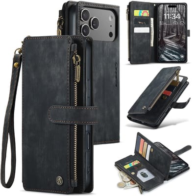 CaseMe - Hoesje geschikt voor Apple iPhone 17 Pro - Vintage Wallet Book Case Ritssluiting - Met Magneetsluiting - Zwart