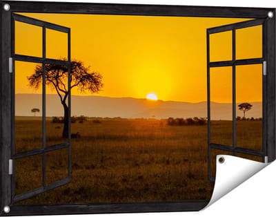 Gards Tuinposter Doorkijk Zonsopgang in de Savanne met een Boom - 90x60 cm - Tuindoek - Tuindecoratie - Wanddecoratie buiten - Tuinschilderij