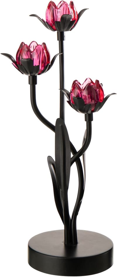 J-Line lamp Bloem - ijzer - zwart/roze - large - LED lichtjes