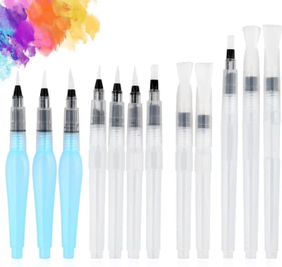 Set van 12 Waterpens en Waterkwasten voor Aquarelkunst, Schilderen en Kalligrafie, Fijne Punt en Platte Tip voor Kleurmenging