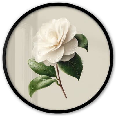 Poster in lijst Rond - Fotolijst 40x40 cm - Posters - Cameliabloem - Wit - Groen - Ronde posterlijst zwart - Decoratie - Wanddecoratie woonkamer - Muurdecoratie slaapkamer
