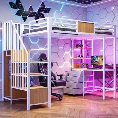 Hoogslaper 90x200 - Hoogslaper met opbergruimte - Tienerhoogslaper, Metalen Hoogslaper (90x200 cm) met Bureau, Opbergvakken, Kledingstang, Ledverlichting en Stopcontact, Deze Multifunctionele Hoogslaper-Wit