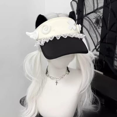 Casquettes Style Doux pour Filles Chapeaux Kawaii Chapeau à Oreilles de Chat Ouvert sur le Dessus Chapeau Subculture Style Lolita Mignon Mode Y2K Casquettes Chapeau de Soleil d'Été gray