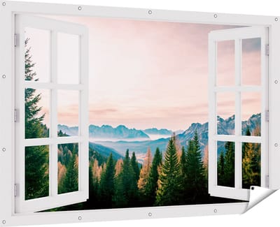 Gards Tuinposter Doorkijk Bos met Bomen bij Bergen Landschap - 180x120 cm - Tuindoek - Tuindecoratie - Wanddecoratie buiten - Tuinschilderij