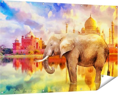 Gards Tuinposter Getekende Olifant bij Taj Mahal - Abstract - 150x100 cm - Tuindoek - Tuindecoratie - Wanddecoratie buiten - Tuinschilderij