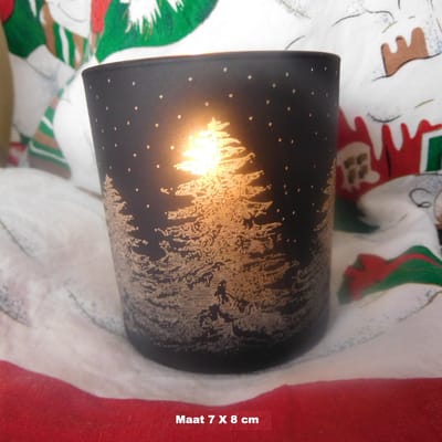 Sfeervol duo sfeerlichtjes – boommotief - Glas - 7×8 cm - Set van 2- Zwart - Gratis sfeerlichtjes, model eekhoorn