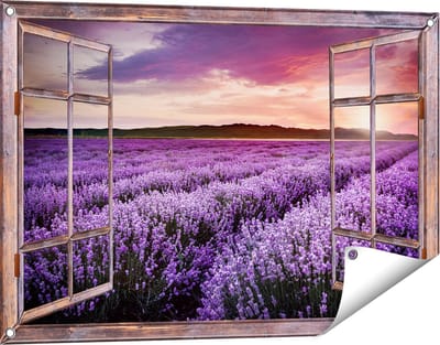 Gards Tuinposter Doorkijk Bloemenveld met Paarse Lavendel - Bloemen - 90x60 cm - Tuindoek - Tuindecoratie - Wanddecoratie buiten - Tuinschilderij