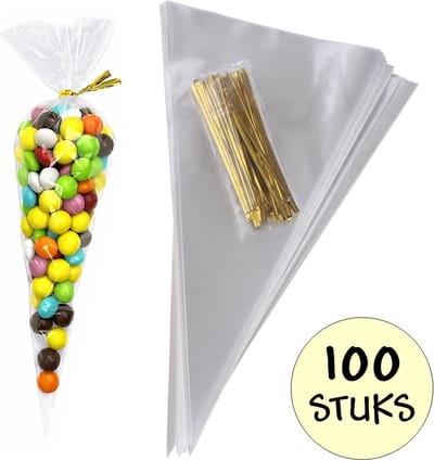 100x Cellofaan Puntzakken 30x16 cm - 100 Stuks Puntzak Doorzichtig - Traktatie Zak - Uitdeelzak - Snoepzak - Inclusief Sluitstrips Goud - 16x30 cm - 100 Stuks