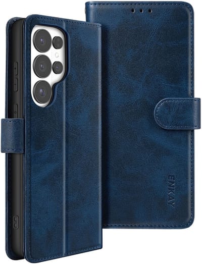 ENKAY, Portemonneehoesje Geschikt voor Samsung Galaxy S26 Ultra met Gehard Glas en Polsband, Nachtblauw