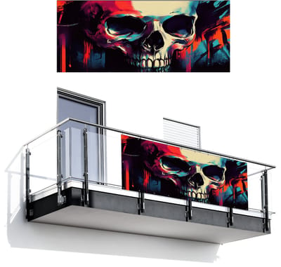Balkonscherm 300x120 cm - Balkonposter Schedel - Abstract - Rood - Blauw - Graffiti - Balkon scherm decoratie - Balkonschermen - Balkondoek zonnescherm